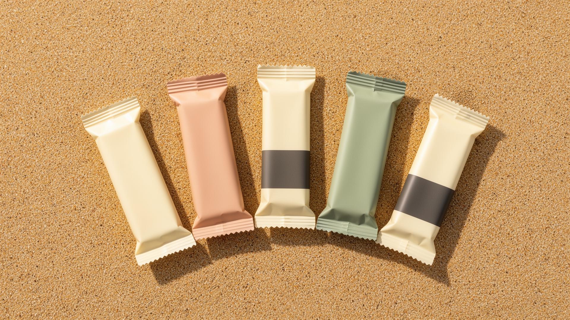Four Alunae bars in cream, clay, ivory and sage wrappers laid in an arc on sand