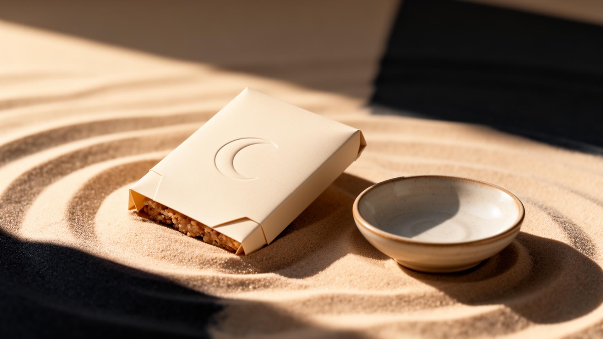 An ivory-wrapped Alunae protein bar resting on soft rippled sand
